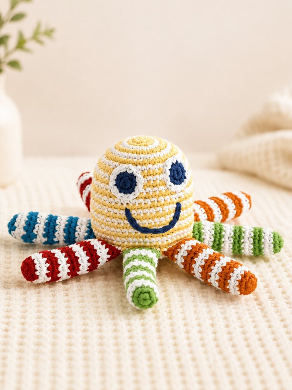 NWT Crochet Rainbow Octopus Rattle Plush Toy – Colorful Handmade Stuffed Animal